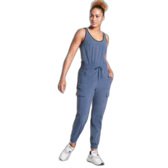 Athleta Blue Jumpsuit Relaxed Fit Elastic Waist size XL blue with black trim - Picture 1 of 15